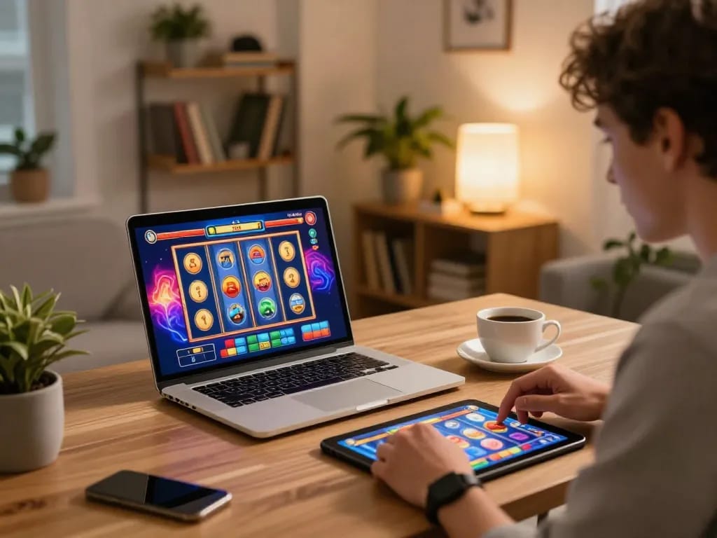 Engaging online gaming session at https://va88.moe/ with vibrant slot games on display, laptop and tablet setup.