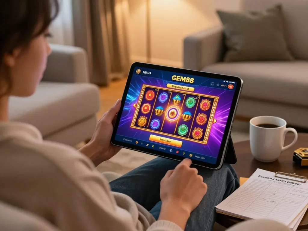 Experience GEM88 online gaming with a cozy home setup showcasing a vibrant slot game on tablet.