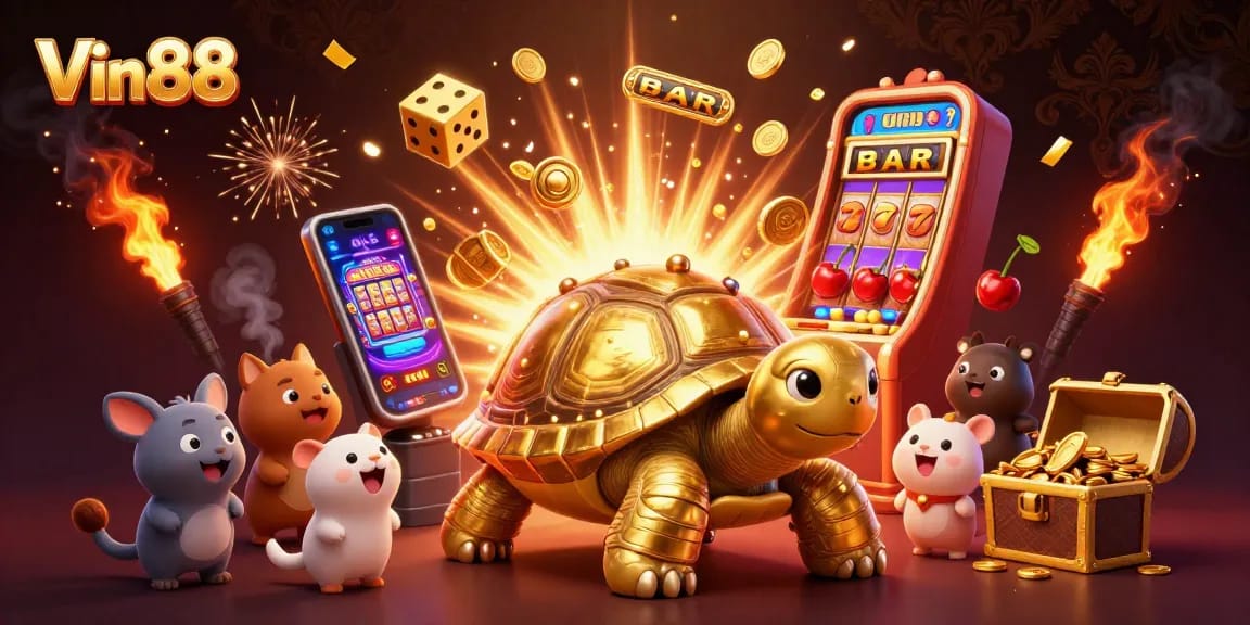 Experience thrilling gameplay at Vin88 with a golden tortoise, exciting slots, and vibrant casino elements.