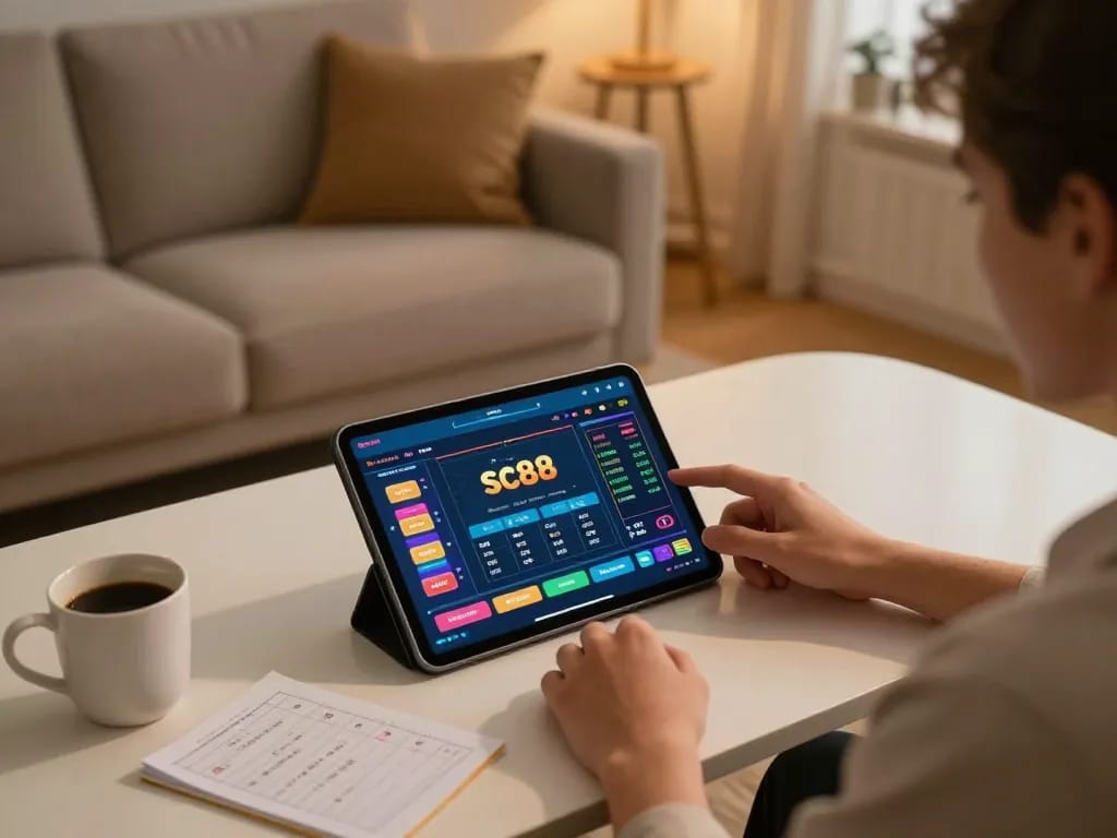 Player utilizing sc88 app on tablet, engaging in dynamic online betting experience with cozy home ambiance