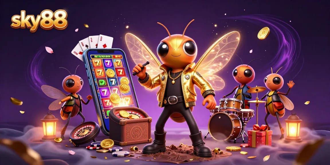 Engage with sky88's thrilling slot games in a vibrant, dynamic illustration filled with excitement.