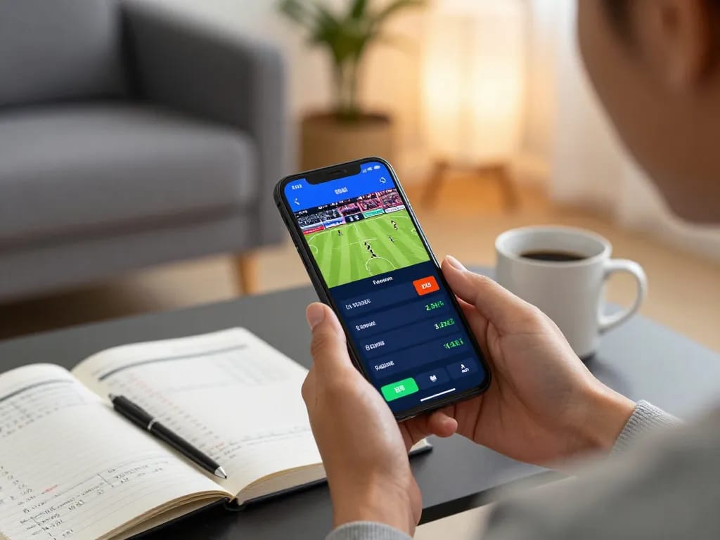Person engaging in live sports betting on mobile app while analyzing data, perfecting their SC88 strategy.