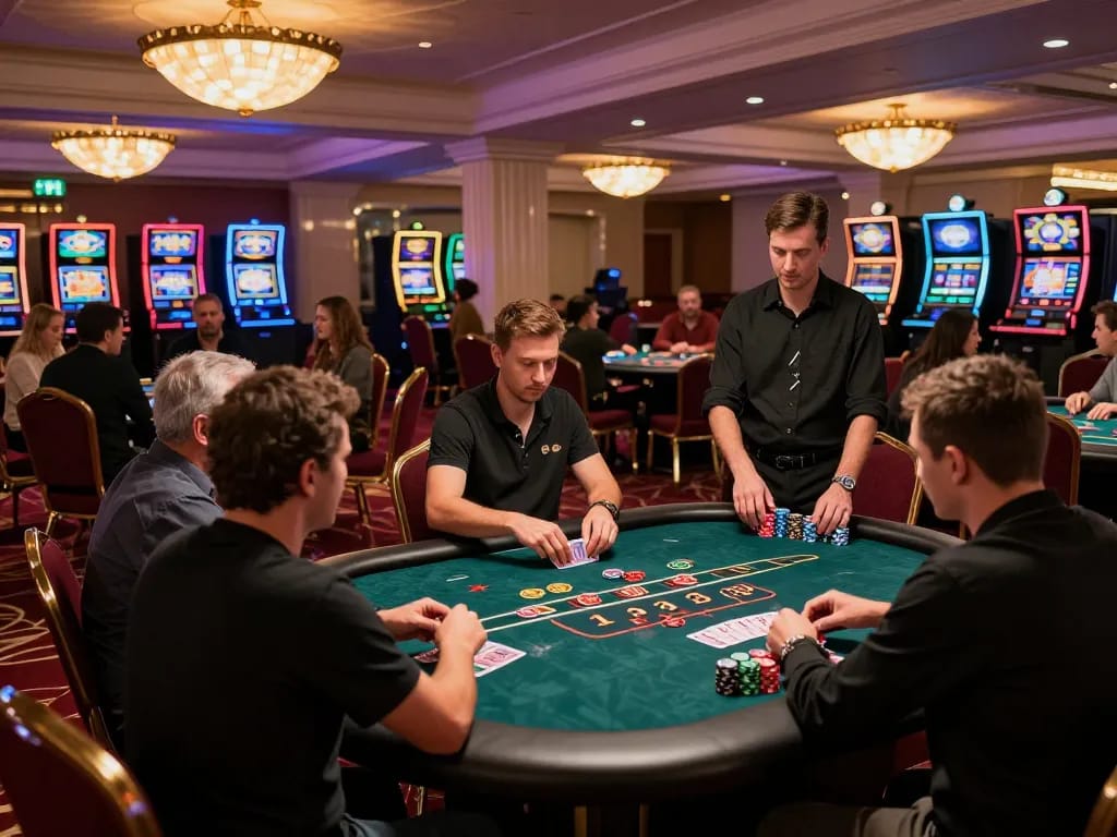 Experience the thrill of 23 win at casino poker tables with players and chips.