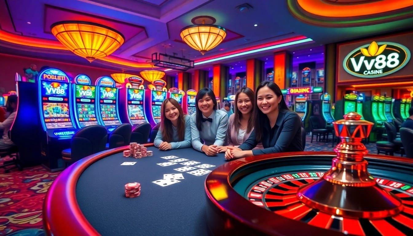 VK88 players enjoy poker at an upscale casino table with vibrant chips and cards.