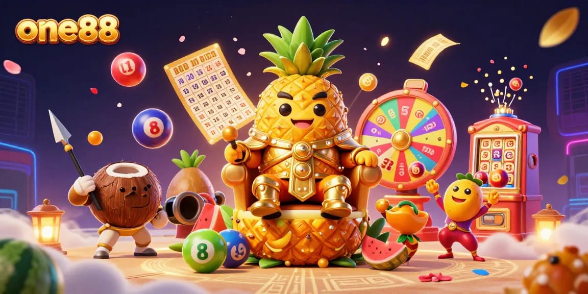 One88 offers an exciting casino experience with animated characters, colorful lottery elements, and vibrant graphics.