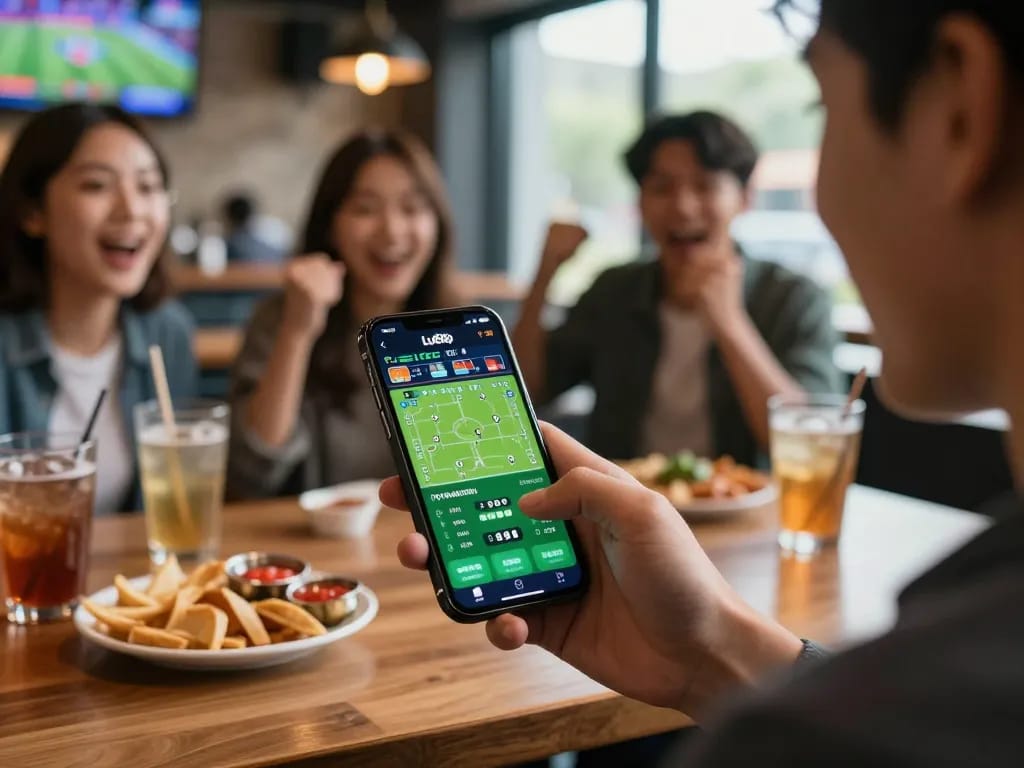 Engaged player using the App Lu88 for sports betting, displaying live odds in a lively bar setting