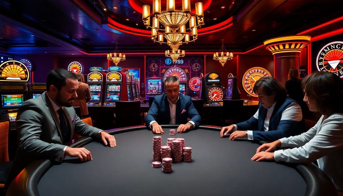 Experience the excitement of HOT789 with a strategic poker game in a luxurious casino setting.