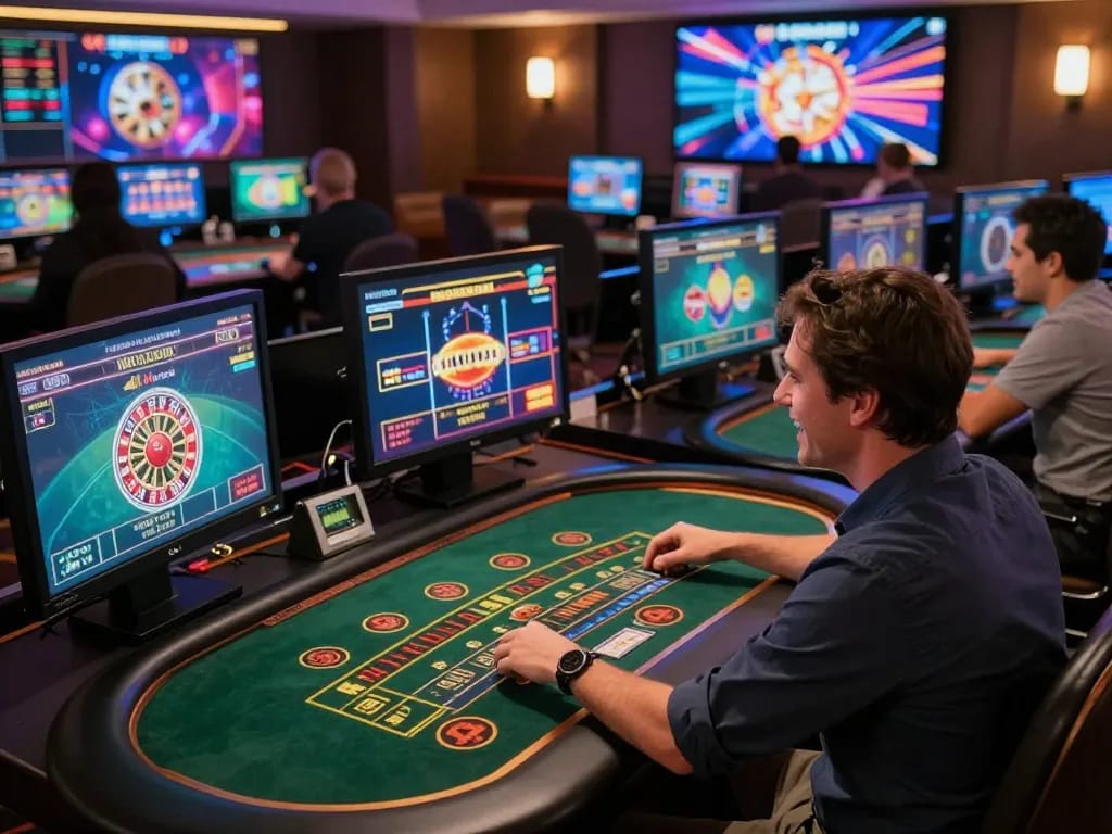 Người chơi LUCK8 tham gia trò chơi casino trực tuyến tại một bàn làm việc phong cách, thể hiện sự phấn khích và chiến lược.