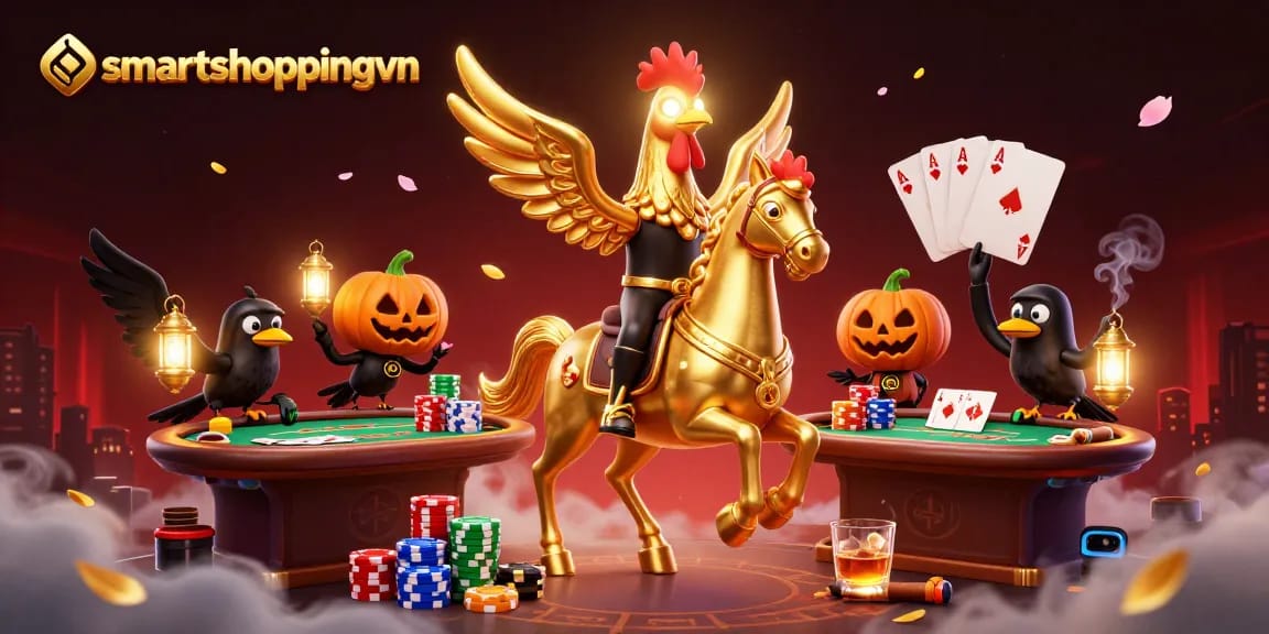 Smartshoppingvn showcases a golden rooster headless horseman in a casino, winning big at a poker table.