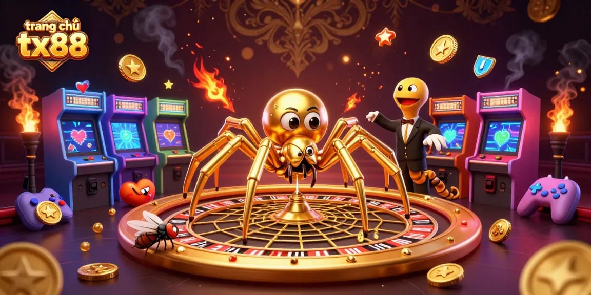 Experience thrilling games at trang chủ tx88 with a vibrant casino atmosphere featuring animated characters and gold details.