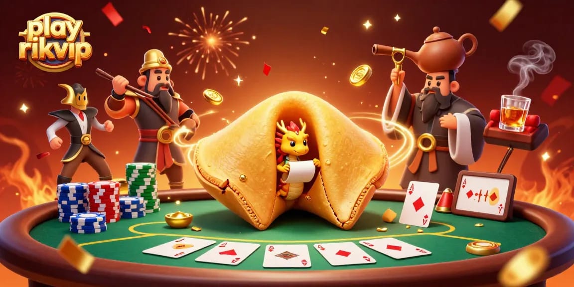 Experience the excitement of play rikvip with vibrant casino elements and a whimsical scene featuring poker and fortune.