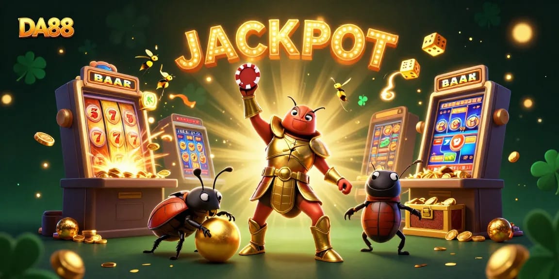 Join the DA88 jackpot celebration with a heroic beetle lifting a poker chip amidst a whirlwind of casino excitement.