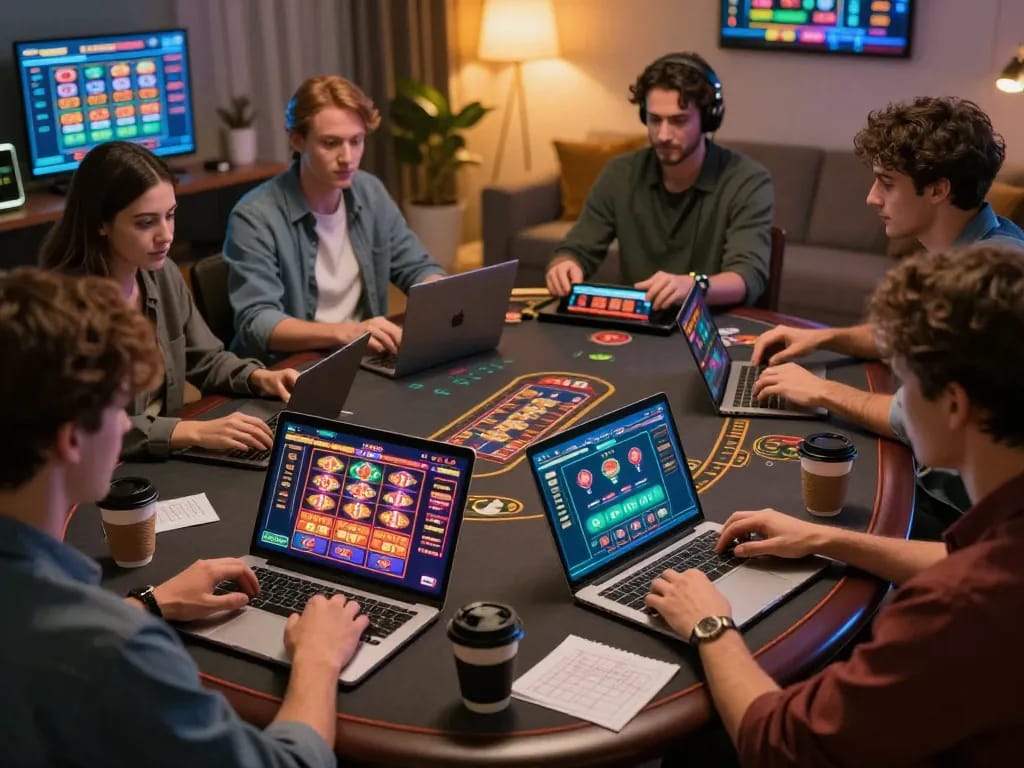 XIBET players engaging with online casino games on tablets and laptops, showcasing strategic gameplay.