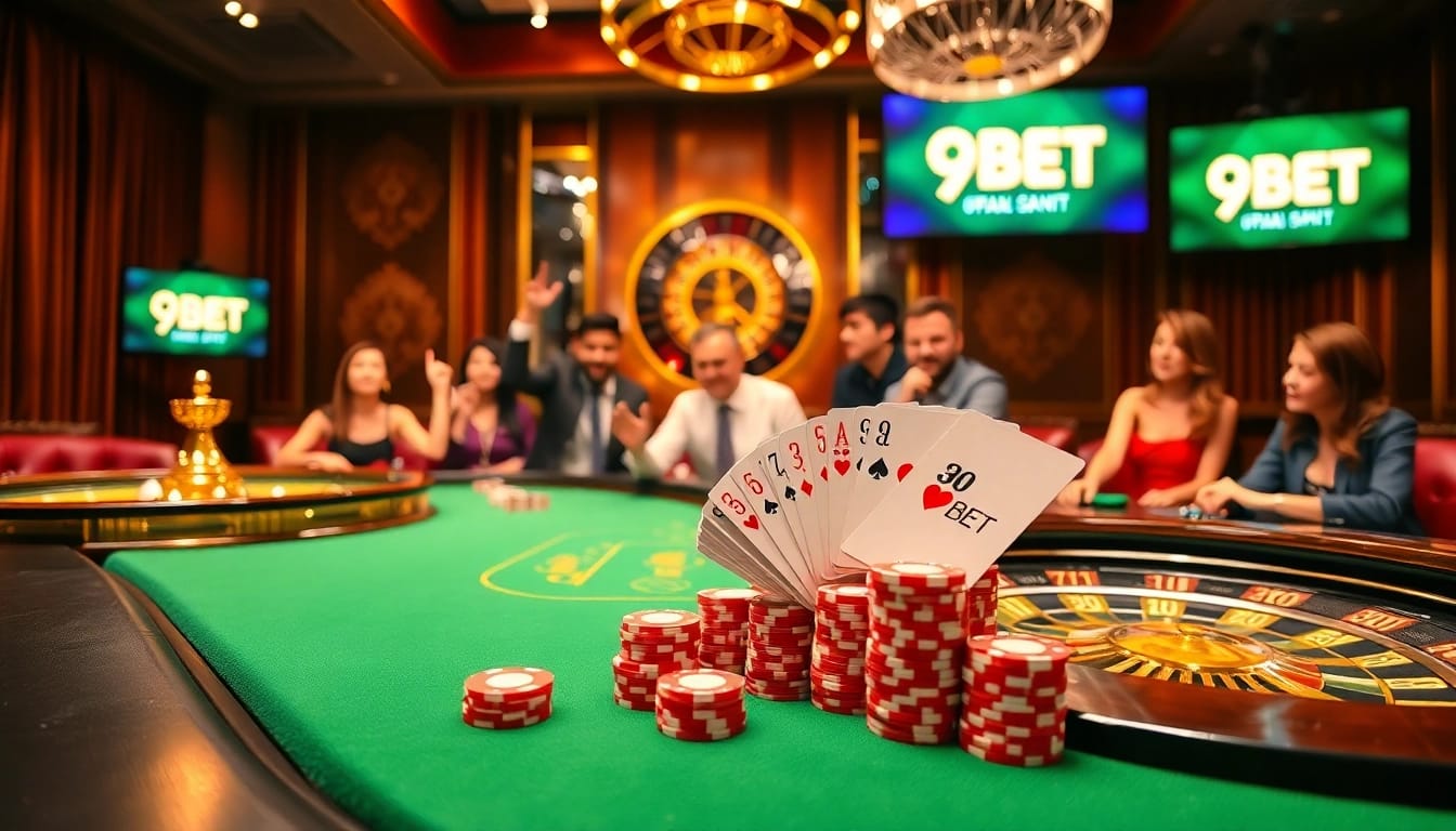 Experience high-stakes action at 9BET with luxurious casino tables and vibrant gaming elements.