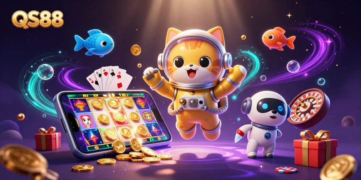 Experience the excitement of QS88 with a dynamic scene of a golden astronaut cat and casino elements.