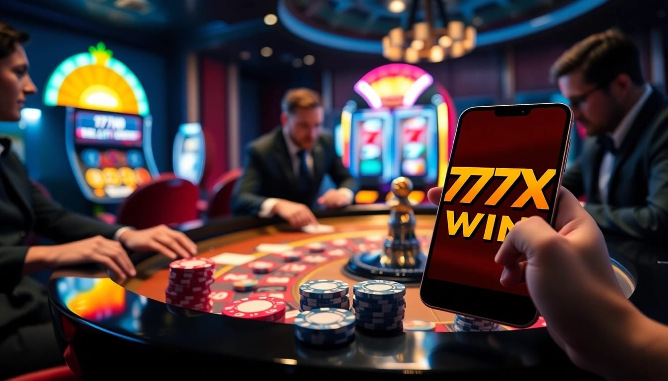 The thrilling atmosphere at a 777X win casino table with engaging gamblers and glowing slot machines.
