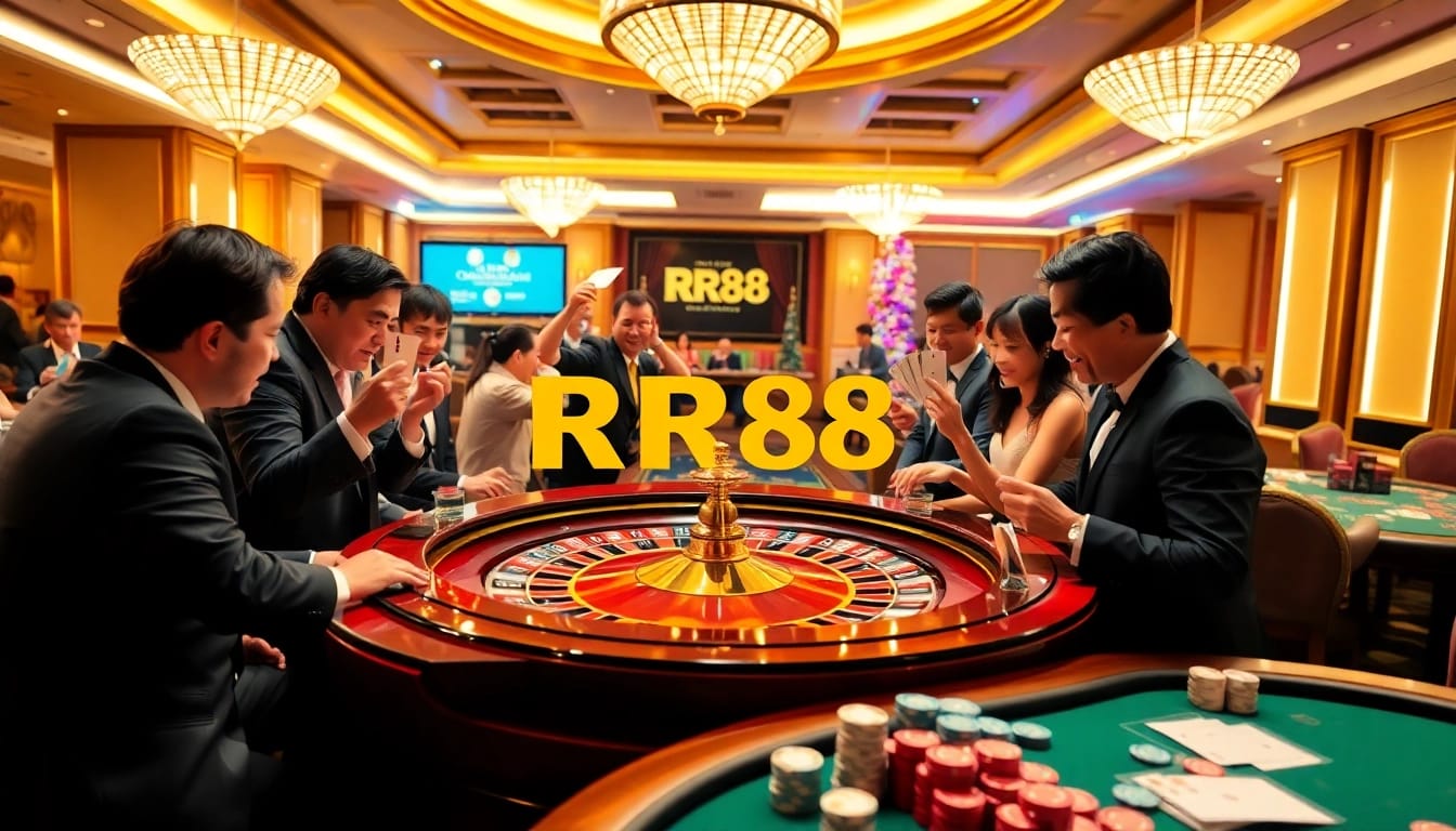 RR88 players engaging excitedly at a stylish casino table.