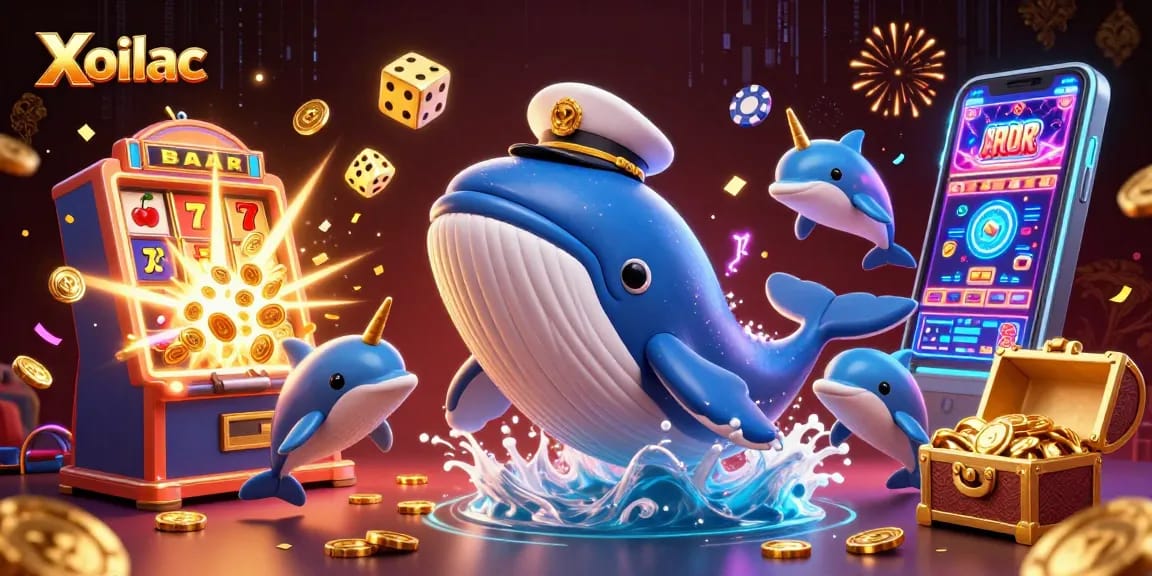 Xoilac delivers thrilling HD sports streaming experiences with vibrant 3D characters breaching waves of coins.