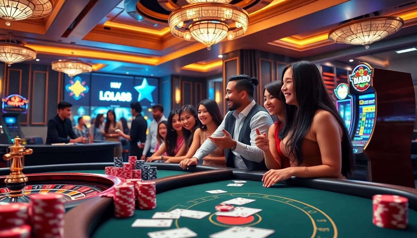 DOLA88 players enjoy an exciting game at a luxurious casino table surrounded by vibrant gambling elements.