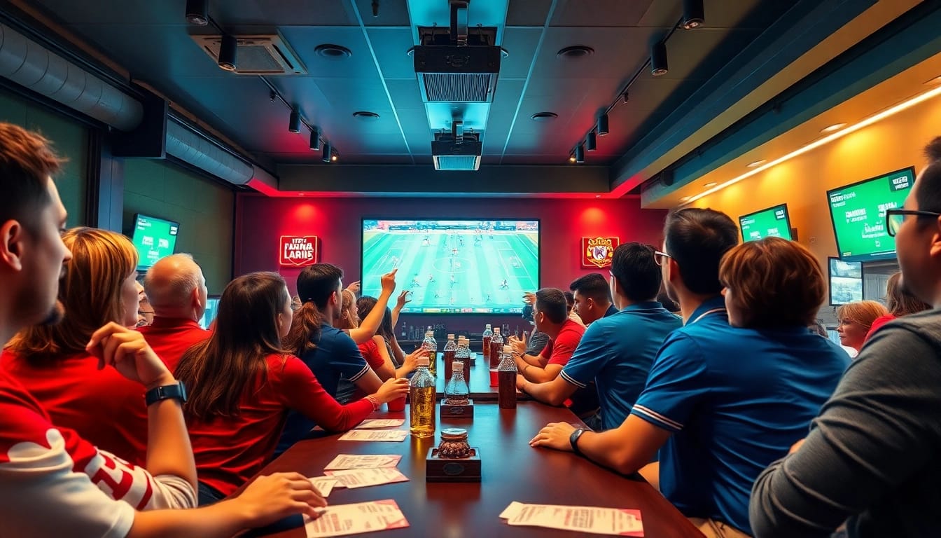 Exciting football betting atmosphere at a sports bar with keonhacai displayed on screens