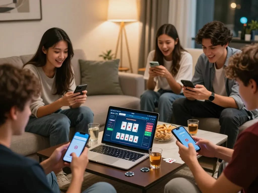 Friends engaged in online poker game with the App Xo88, creating a lively home atmosphere