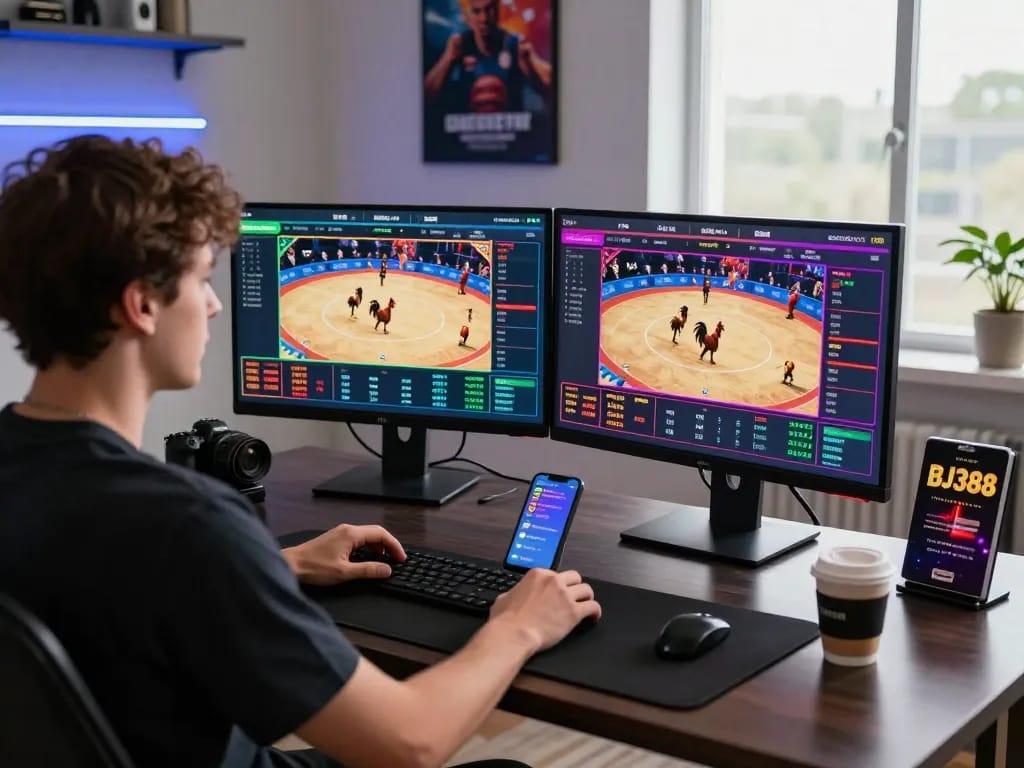 Engaging online gambling scene at https://bj388.my with live cockfighting events displayed on dual screens, showcasing a modern workspace atmosphere.