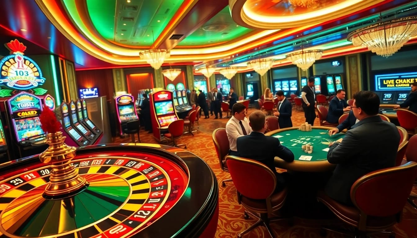 Exciting gaming atmosphere at tg88.com with roulette wheel and players at blackjack tables.