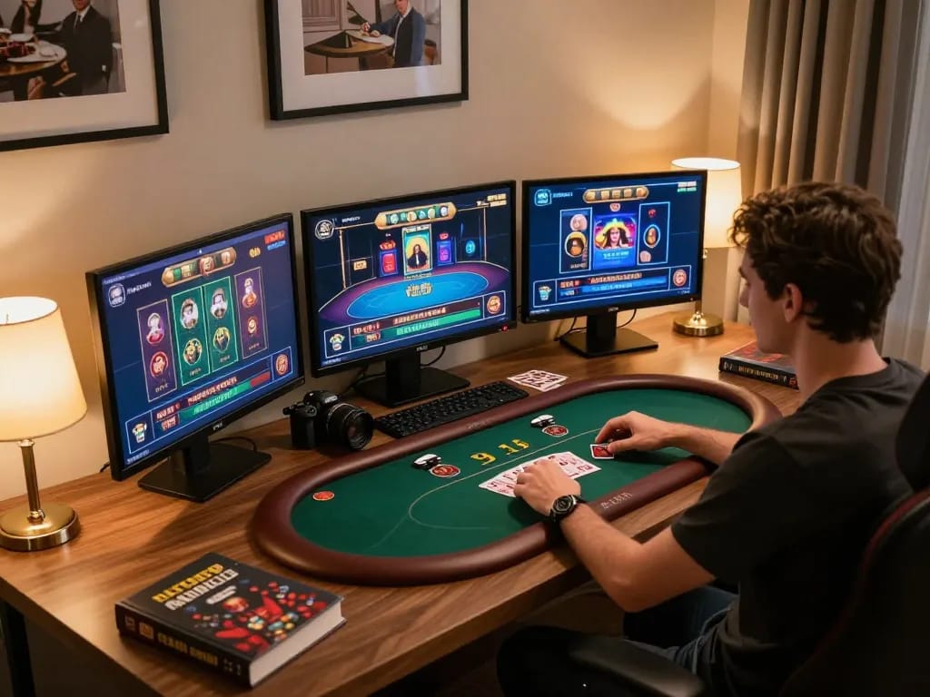 Engaging view of a home gaming setup for online casino activities at https://rr99.uk.com/ showcasing multiple screens and strategy elements.