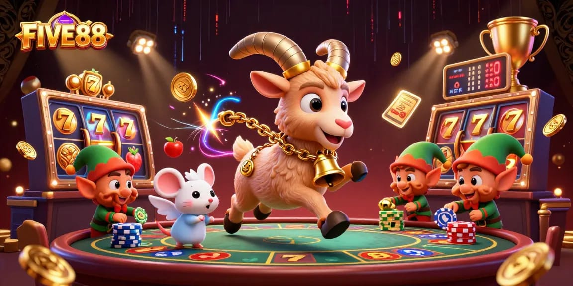 FIVE88 casino scene with a playful Krampus goat, angel mouse, and gremlins creating gaming chaos.