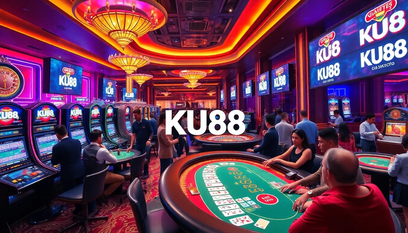 Players enjoying a thrilling casino experience at KU88, showcasing vibrant slot machines and poker tables.