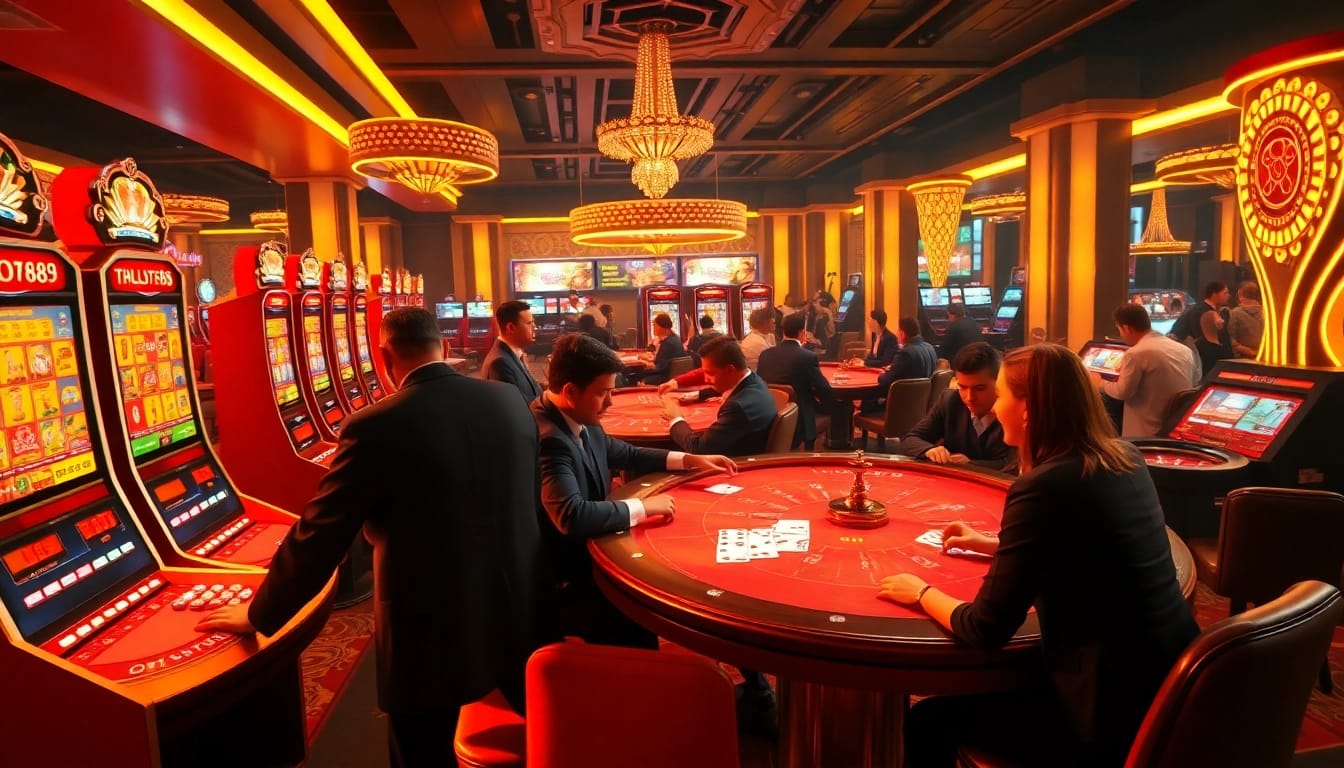 LODE88 players enjoying engaging games at a luxurious casino atmosphere with slot machines and tables.