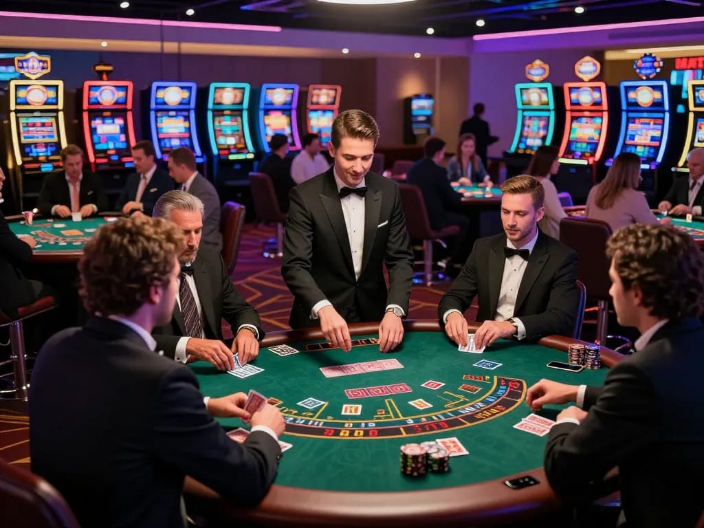 Players enjoy blackjack at O8's casino with vibrant atmosphere and energetic gameplay