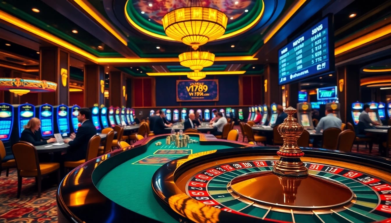 Engage in thrilling casino action at vn789.com with a vibrant roulette table and players at poker.