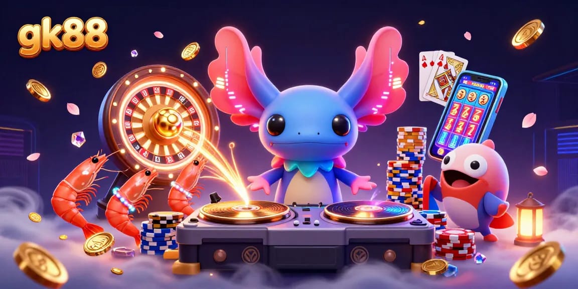Join the gk88 online casino excitement with an axolotl DJ spinning vibrant games and treasure.