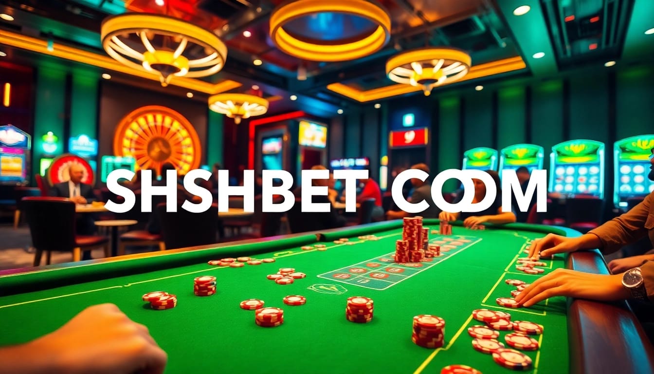 Exciting casino atmosphere at SHBET COM featuring poker chips and roulette wheels.