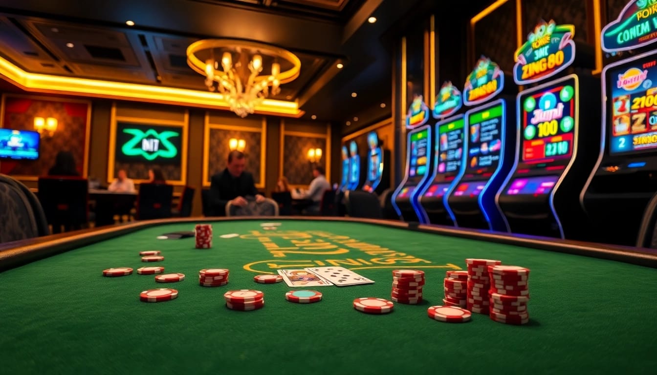 Zing88 gaming action at a luxurious poker table with chips and cards.