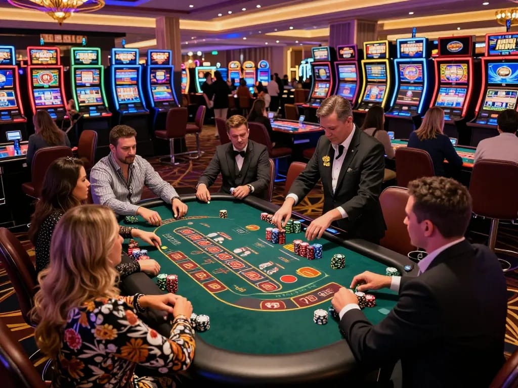 Experience the thrill of nohu gaming with players enjoying blackjack and roulette amid the dazzling Las Vegas casino.