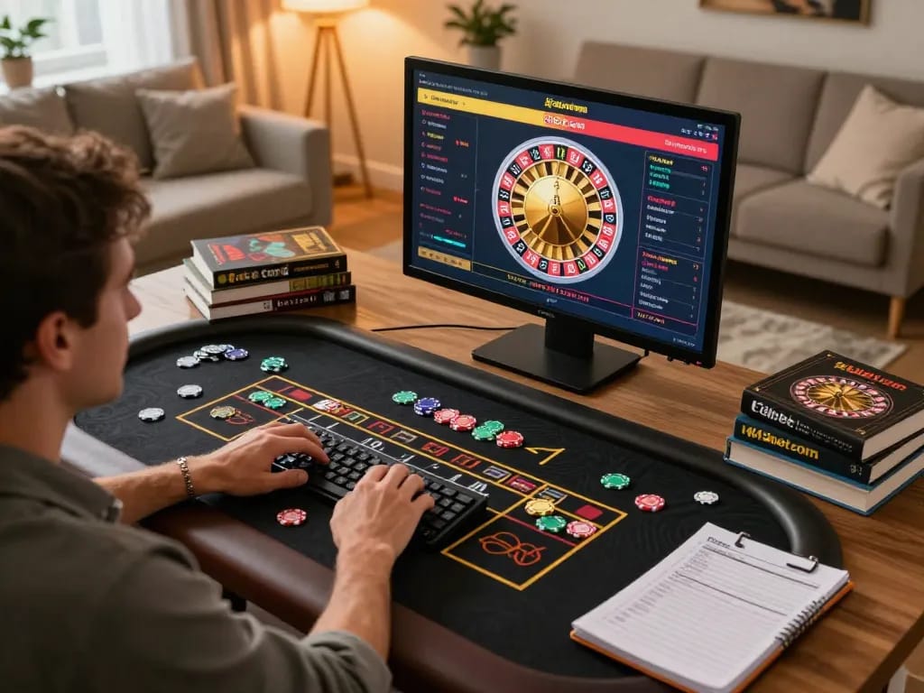 Engaging in live dealer roulette at home with Fabet com, placing bets in a cozy setting.