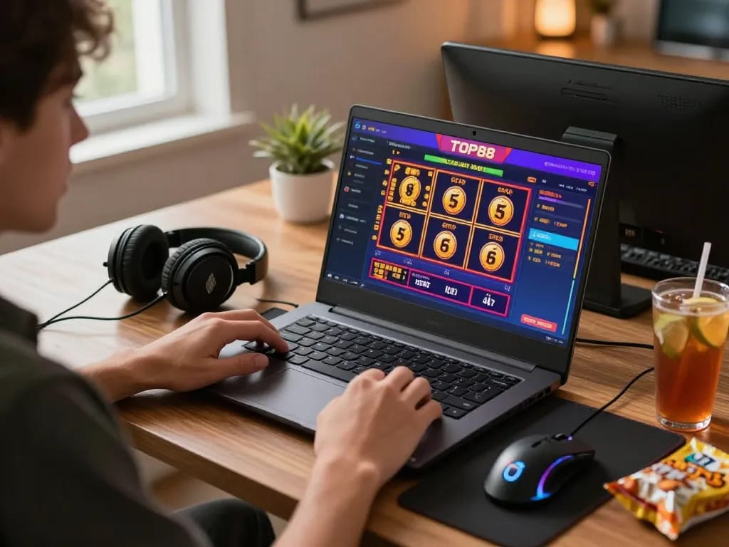 Engaging gaming scene showcasing a user enjoying TOP88 live casino experience with colorful graphics.