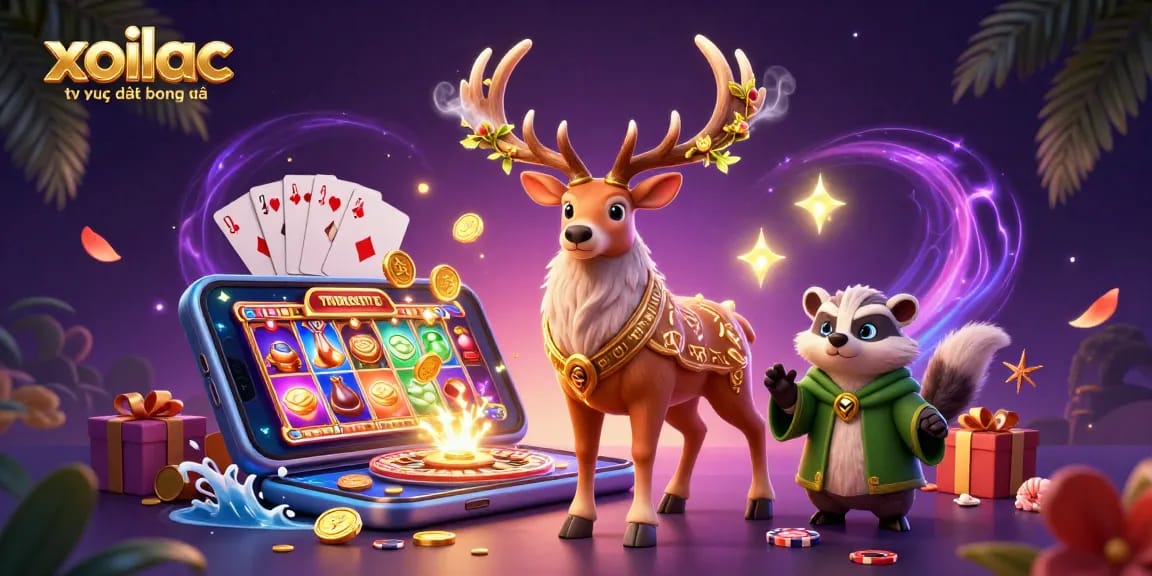 Xoilac tv trực tiếp bóng đá showcasing a vibrant 3D cartoon scene with gaming elements and enchanting characters.