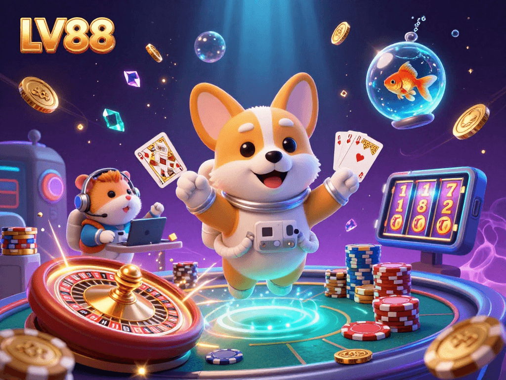 Experience excitement with LV88 in a vibrant 3D casino illustration featuring playful characters and dynamic gaming elements.