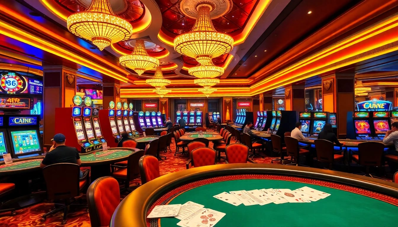 A thrilling casino scene depicting players at 88 vn engaging in high-stakes gambling with poker chips and vibrant slot machines.