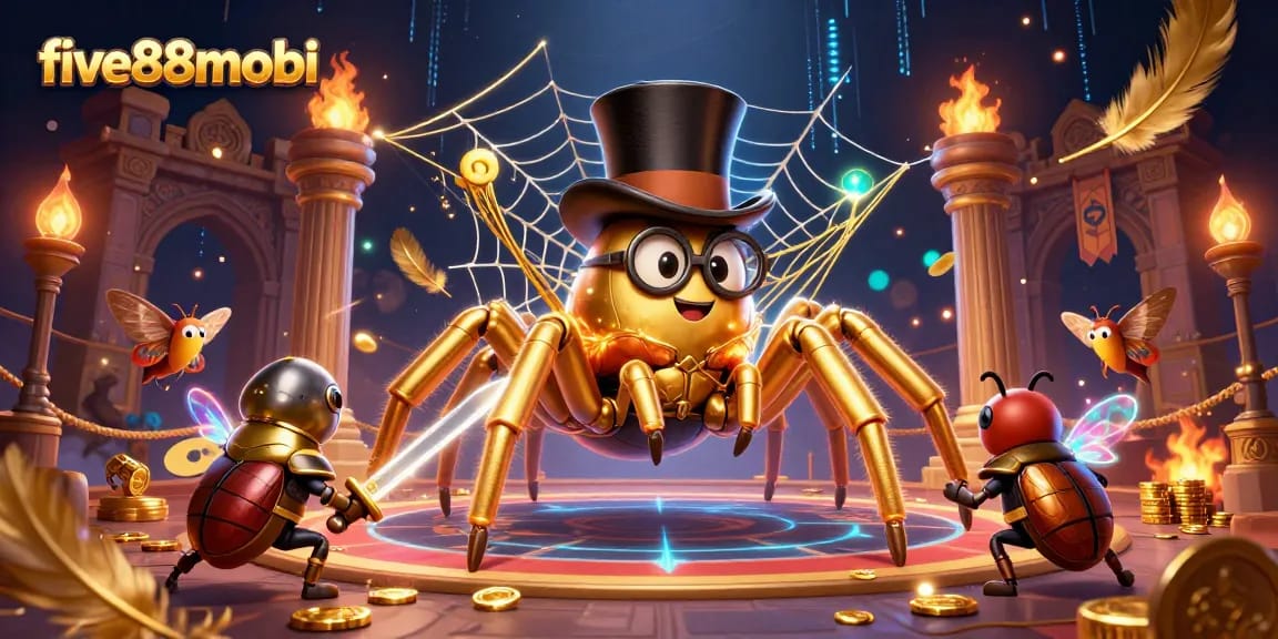 Join five88mobi's thrilling action with a cartoon knight facing off against a golden tarantula in a vibrant casino scene.