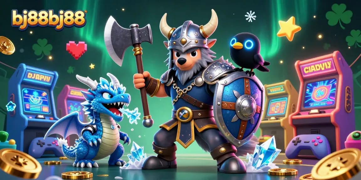 Experience thrilling gaming with bj88bj88, featuring characters like a Viking wolf warrior in action.