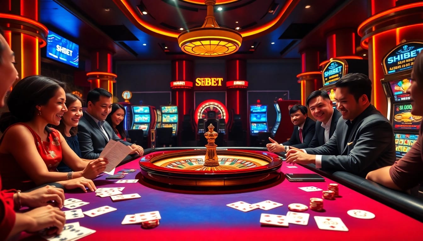 Players engage in thrilling action at the SHBET casino table with cards and chips.