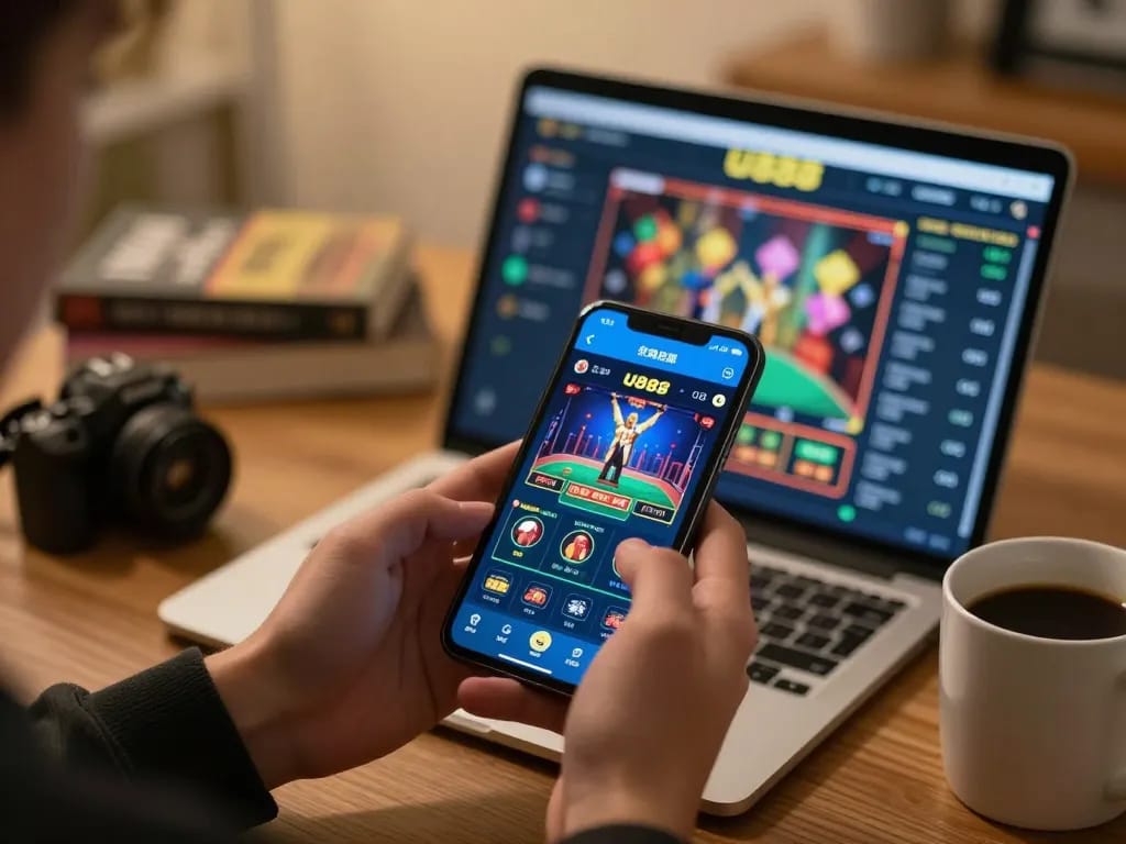 Player engaged with U888 app for online betting in cozy home setting.