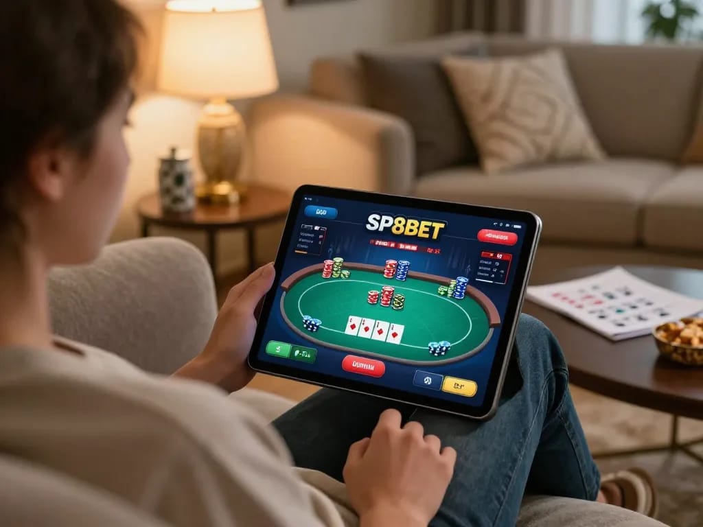 Engaging in SP8BET online poker from home, showcasing a comfortable gaming setup.