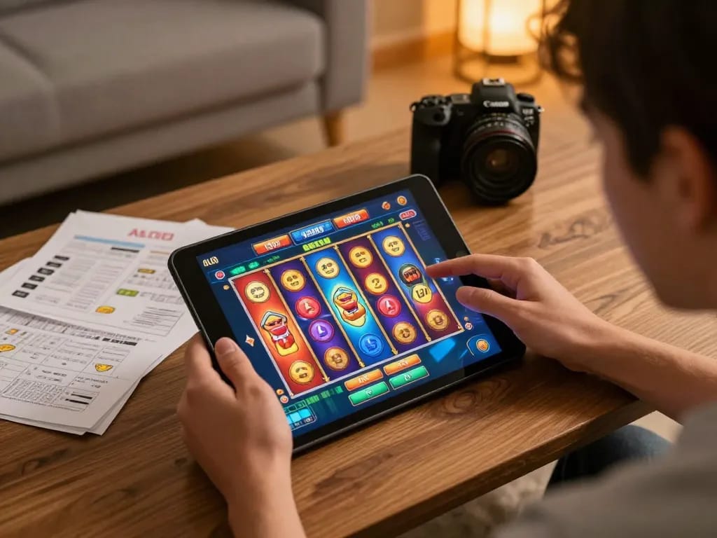 Player engaging with ALO8 online casino interface on tablet, showcasing vibrant slot game.