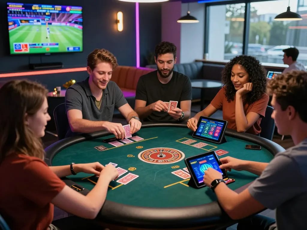 Open88 online gambling scene with friends playing casino games in a modern lounge
