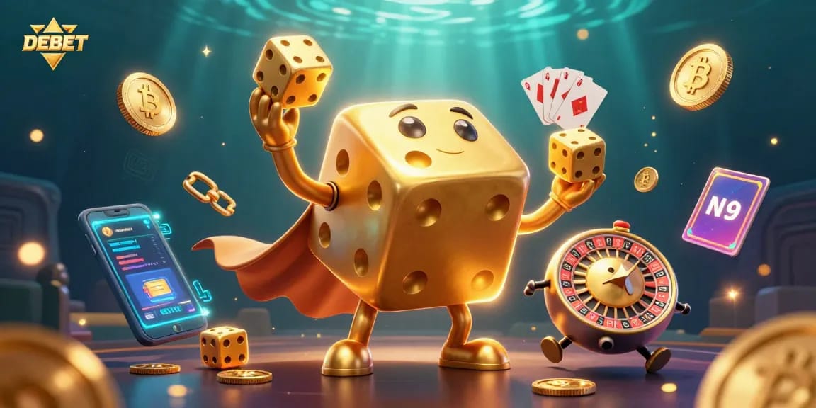 Engage in thrilling DEBET gaming experiences with golden dice, Bitcoin, and high-energy elements.